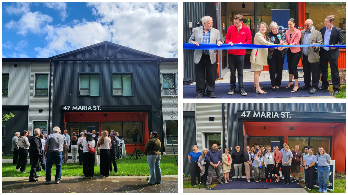 A collage of photos from a ribbon cutting at a new supportive housing building at 47 Maria St., showing a group cutting a blue ribbon, attendees gathered outside, and a group photo in front of the entrance.
